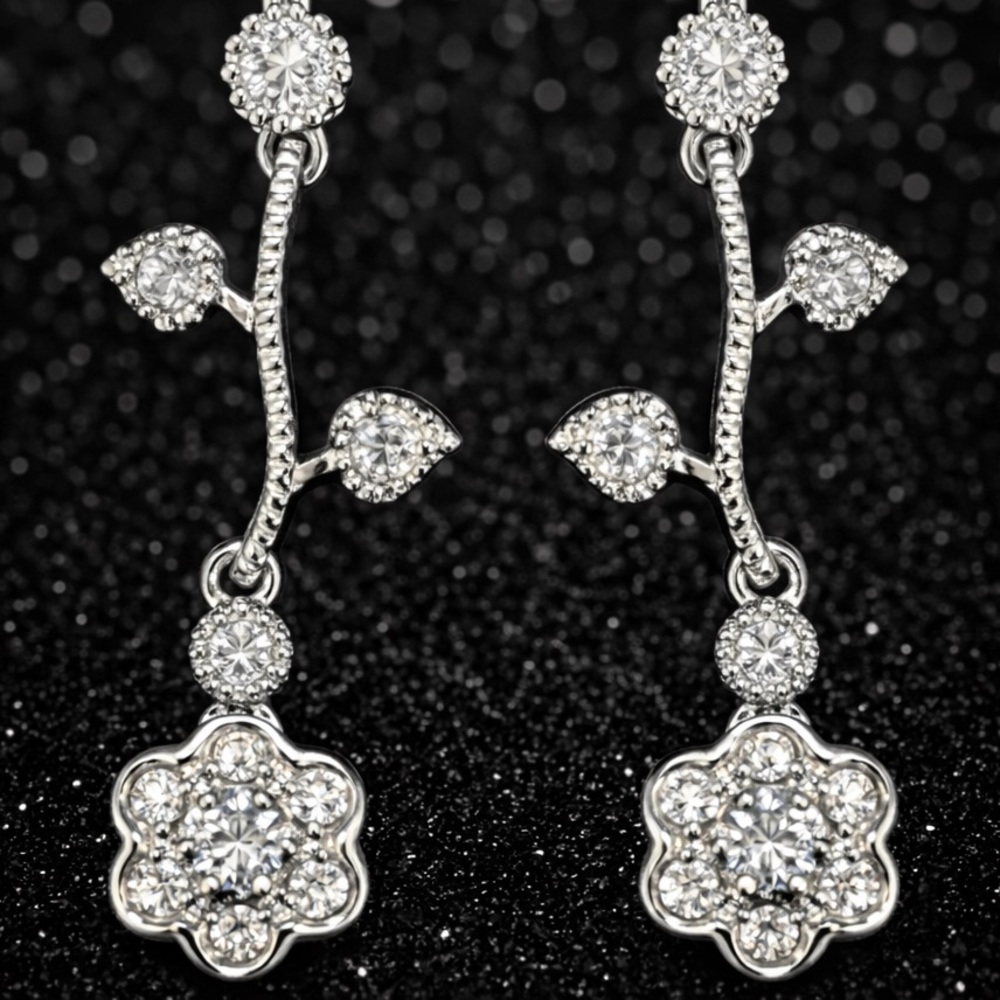 Suzanne Somers vintage CZ floral leaf dangle drop earrings sterling silver HSN